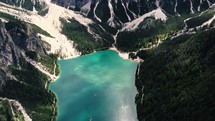 aerial view over a mountain lake 