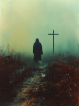Mysterious silhouette of a person in front of a cross in the foggy forest.