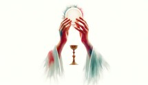 Eucharist. Corpus Christi. Hands holding the sacred host with chalice. Eucharist symbols of the communion. Digital illustration.

