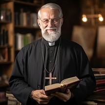 Catholic priest with a warm smile, holding a Bible and wooden beads with a cross in hand