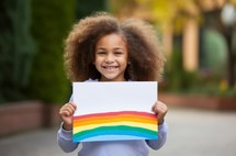 A smiling African girl holds up a hand-drawn rainbow and looks at the camera