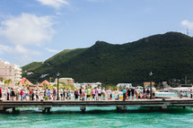 crowd of people on a dock at a marina 