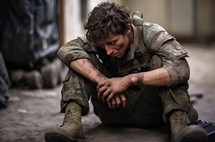 An exhausted male emergency doctor in military conditions in the Southern Territories, his pose reflecting despair and overwhelming fatigue