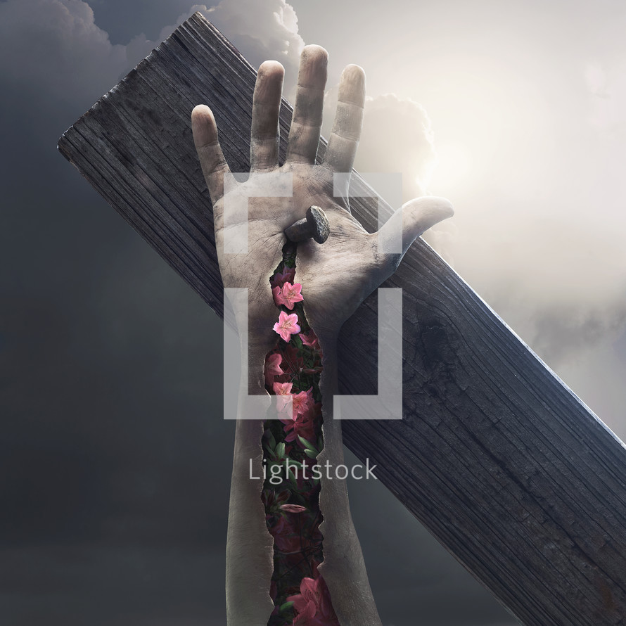 Surreal image of Christ on the cross with flowers and life breaking through the skin