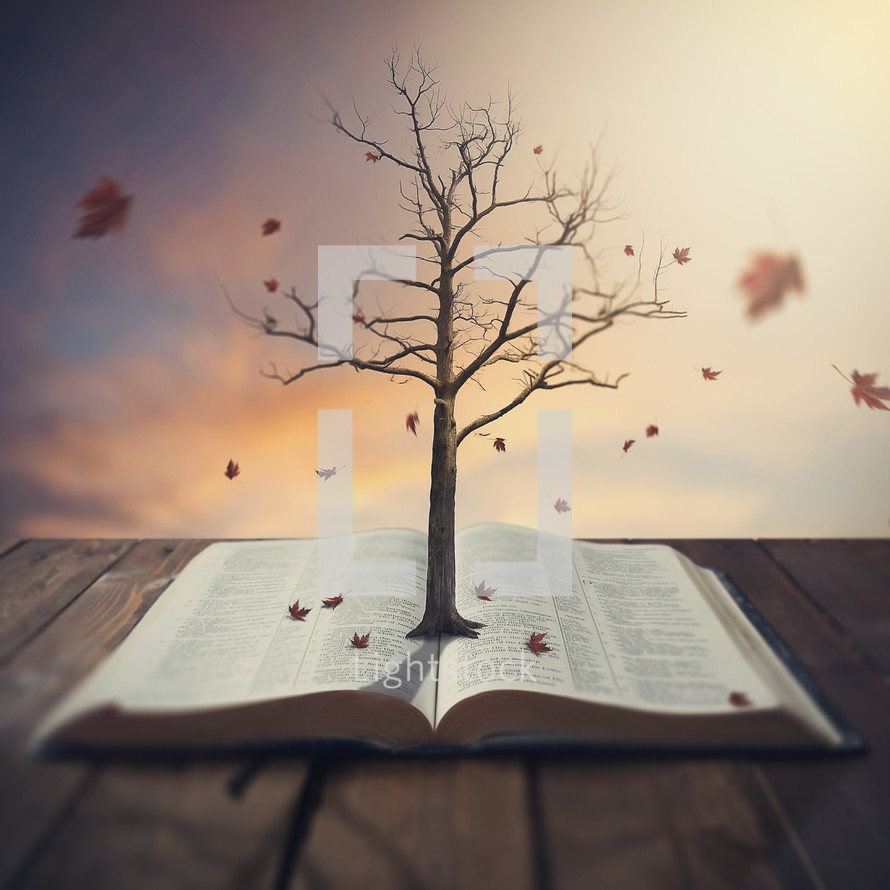 Leaves blowing off a tree, rooted in a Bible, resting on wooden planks.
