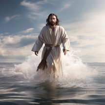 Jesus is seen walking on water, a serene and divine depiction of a biblical miracle.