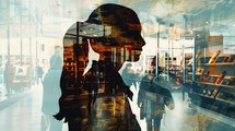 A woman is standing in front of a store window, looking at the display inside. The window reflects the street scene outside, creating an interesting composition.