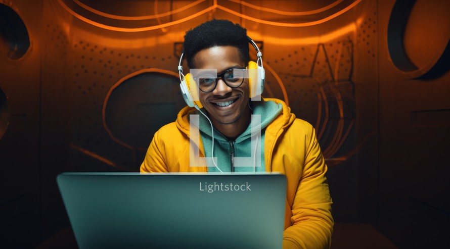 Bible Study. Young african american man in headphones using laptop in dark room