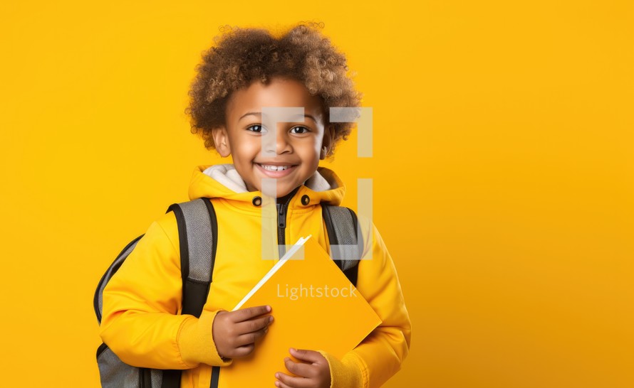 Bible Study. Happy african american schoolboy with backpack and book on yellow background