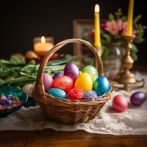 A festive arrangement of Easter eggs in a woven basket, accompanied by the warm glow of a lit church candle