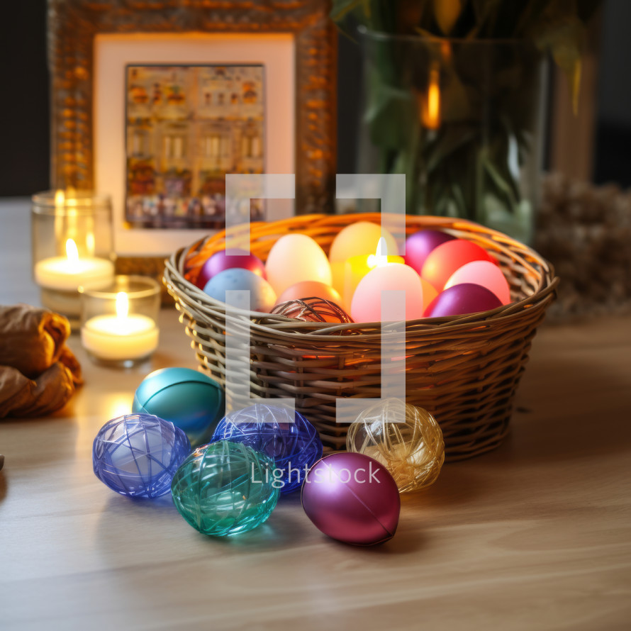 Easter eggs symbolizing the holiday's joy, nestled in a woven basket with a lit church candle nearby