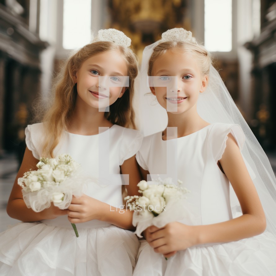 The religious service where young girls in white dresses partake in their first communion in a flower-adorned church