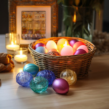 Easter eggs symbolizing the holiday's joy, nestled in a woven basket with a lit church candle nearby