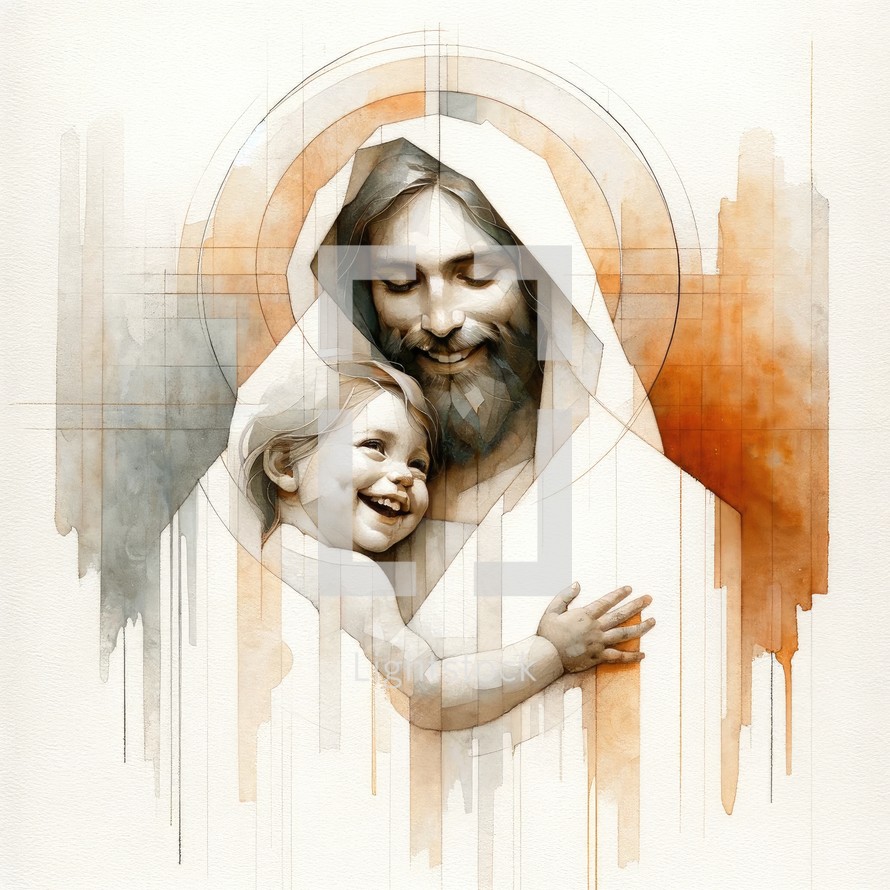 Digital illustration of Jesus Christ with baby Jesus on his chest, smiling.