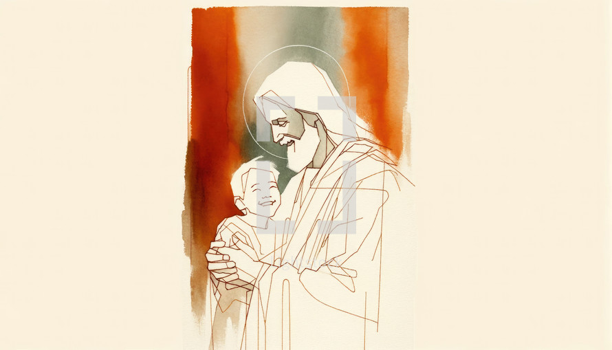 Portrait of Jesus Christ holding a child, smiling. Digital watercolor painting.