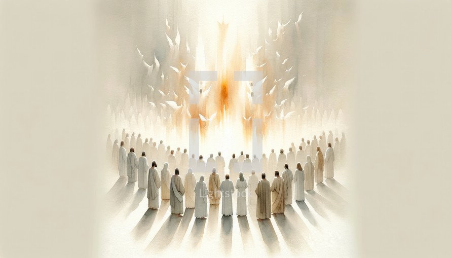 Pentecost Sunday: The Holy Spirit Comes as Tongues of Fire. Digital illustration of the Holy Spirit descending on the believers. Rear view.