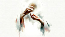 Eucharist. Corpus Christi. Hands sharing the sacred host. Digital watercolor illustration.

