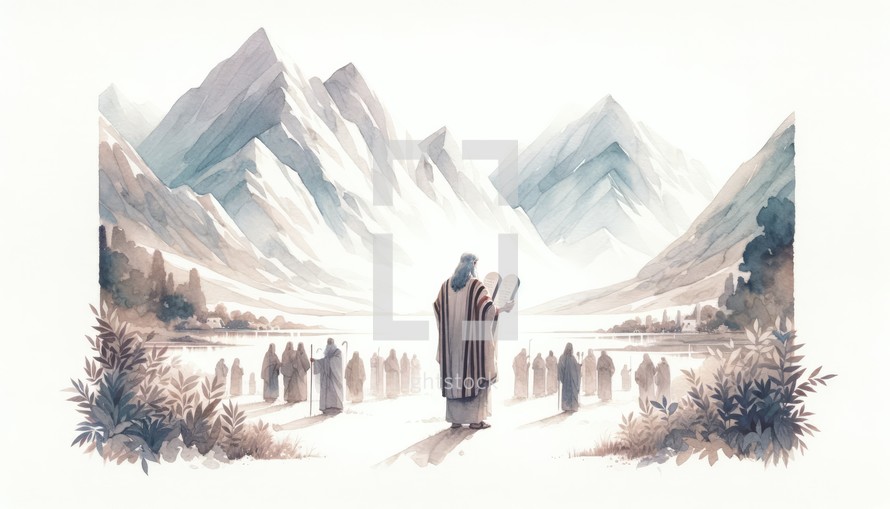 Ten Commandments given at Mount Sinai to Moses. Exodus 20. Old Testament. Watercolor Biblical Illustration