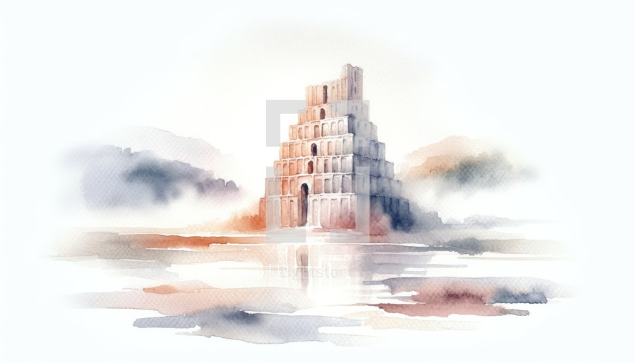 The Tower of Babel. Old Testament. Watercolor Biblical Illustration