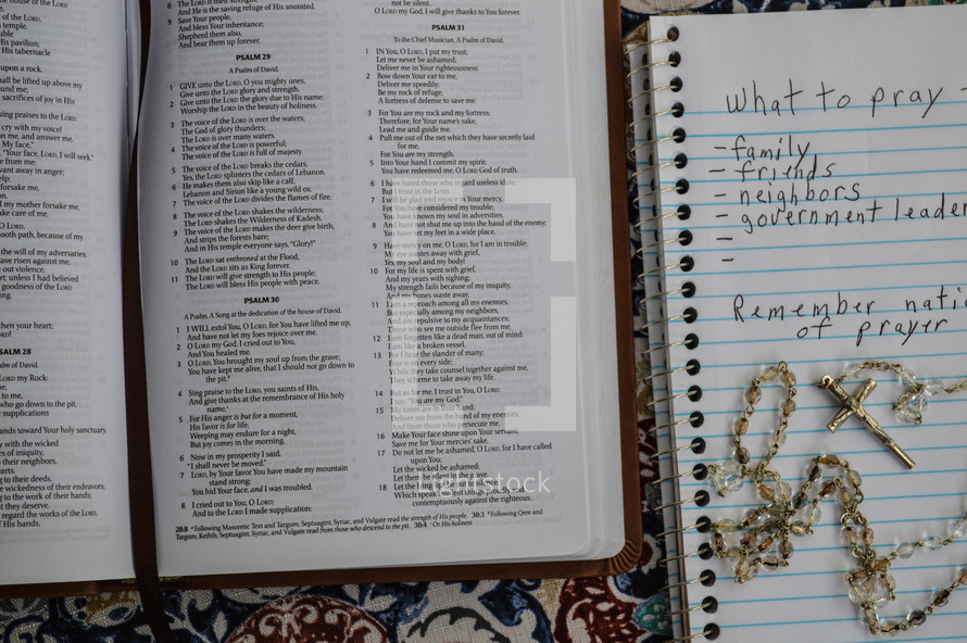 rosary, Bible, and prayer list 