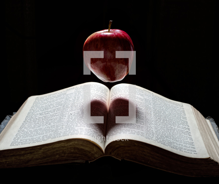 Floating apple creating a heart-shaped shadow on an open Bible.