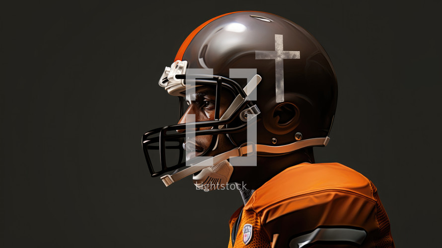 Team Jesus. 3D rendering of an American football player wearing an orange uniform with a cross on a dark background.
