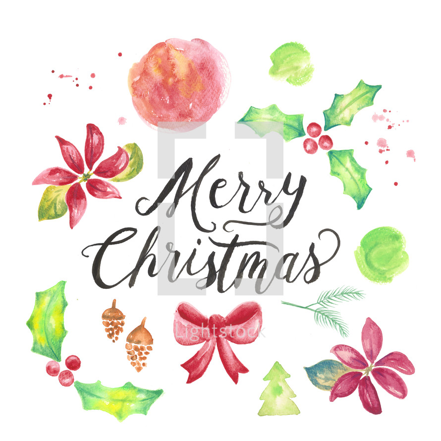 Merry Christmas hand lettering and water color holiday pack with holly, poinsettias, pine cones, trees, brush texture, splatters and a bow ribbon.