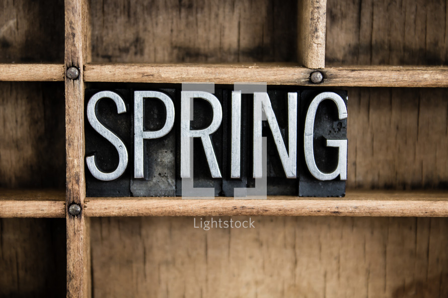word spring in blocks on a shelf 