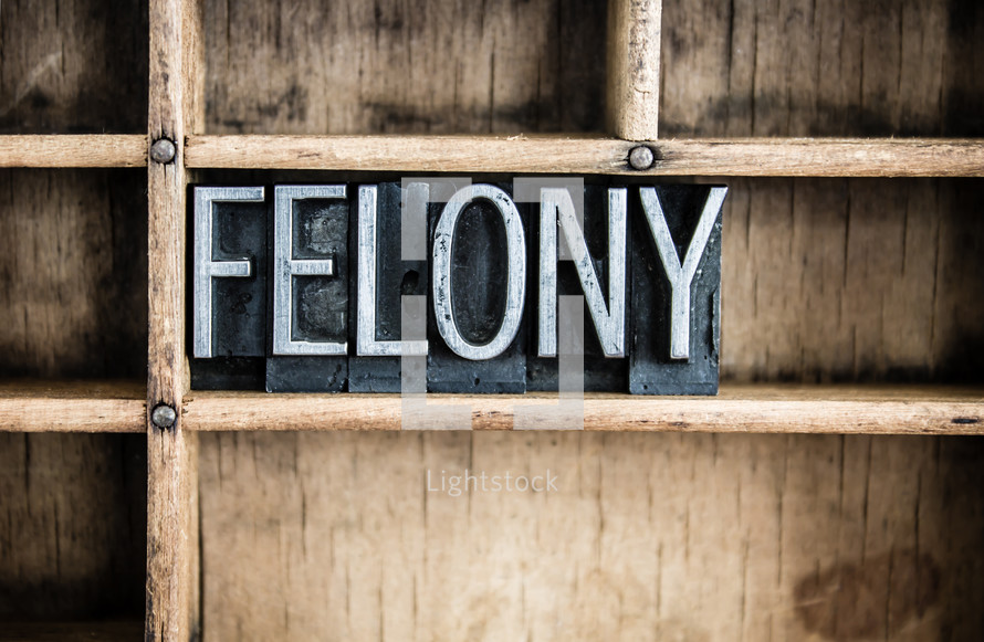 word felony in blocks on a bookshelf 