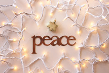 Christmas lights and the word peace 