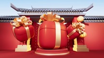 Gift box with Chinese ancient building background, 3d rendering.
