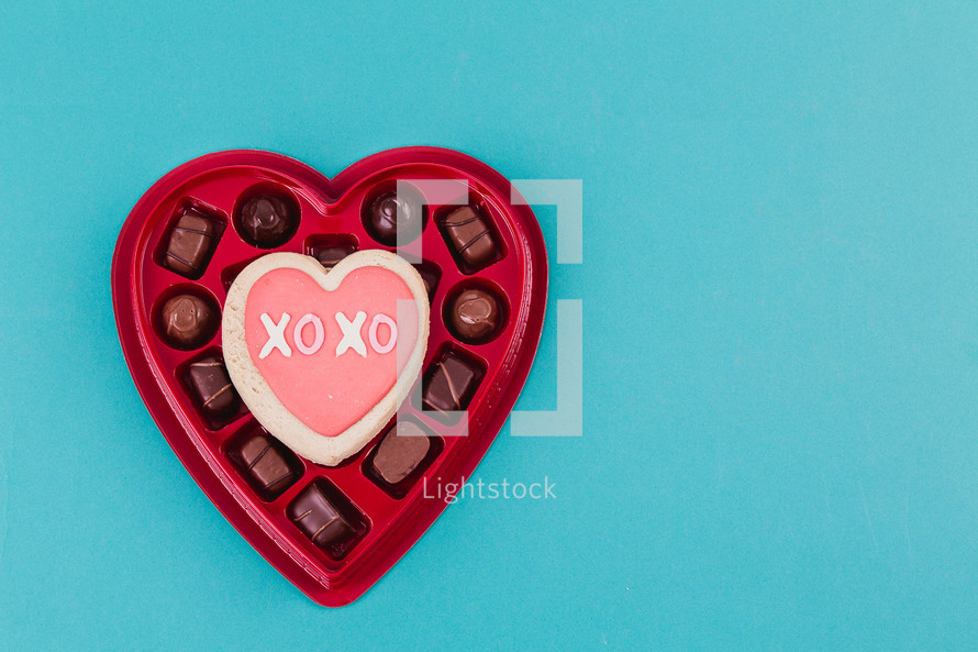 A heart shaped box of chocolate Valentine candy.