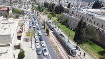 Wide shot of tram in Jerusalem