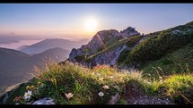 Beautiful Sunset in alpine mountains nature with white flowers in magic evening landscape Time-lapse
