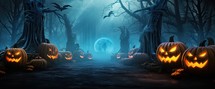 Halloween background with pumpkins in dark forest. 3D rendering