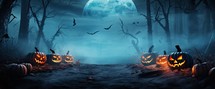 Halloween background with pumpkins, bats and moon. 3d rendering