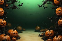 Halloween background with pumpkins and bats - 3d render illustration