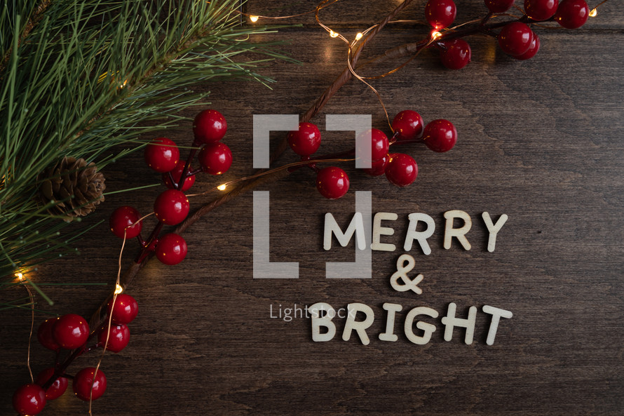 red berries and fairy lights on a wood background and words Merry and Bright 