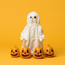 Halloween ghost with pumpkins on yellow background. Minimal holiday concept.