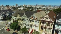 Flying over the painted ladies, aerial view of historical landmark in san francisco, california 4k drone shot	