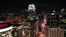 Flying over Orlando florida at night aerial view of Orlando florida skyscrapers drone shot 4k	