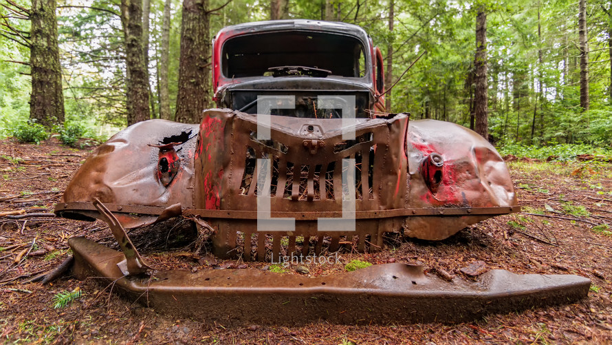 old rusty car in a forest 