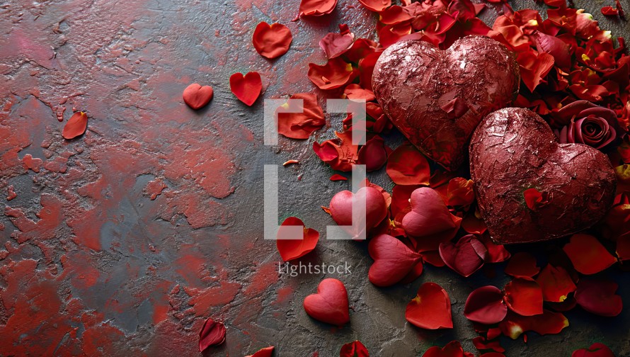Valentines day background with red hearts and rose petals.