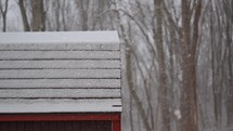 Snow falling on a shed near trees