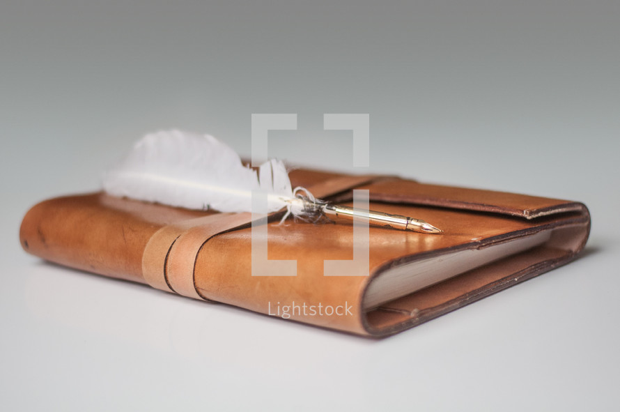 a feather quill pen on a leather journal 