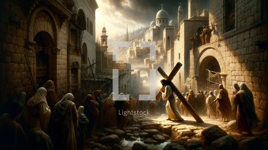 Jesus carrying the cross through the streets of Jerusalem