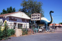 rock shop and dinosaur statues 