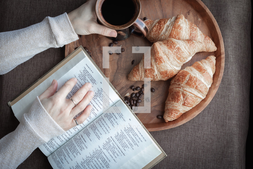 morning devotional with coffee and croissants 