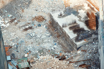 aerial view over a destroyed building 