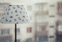 lamp in front of a wet window 